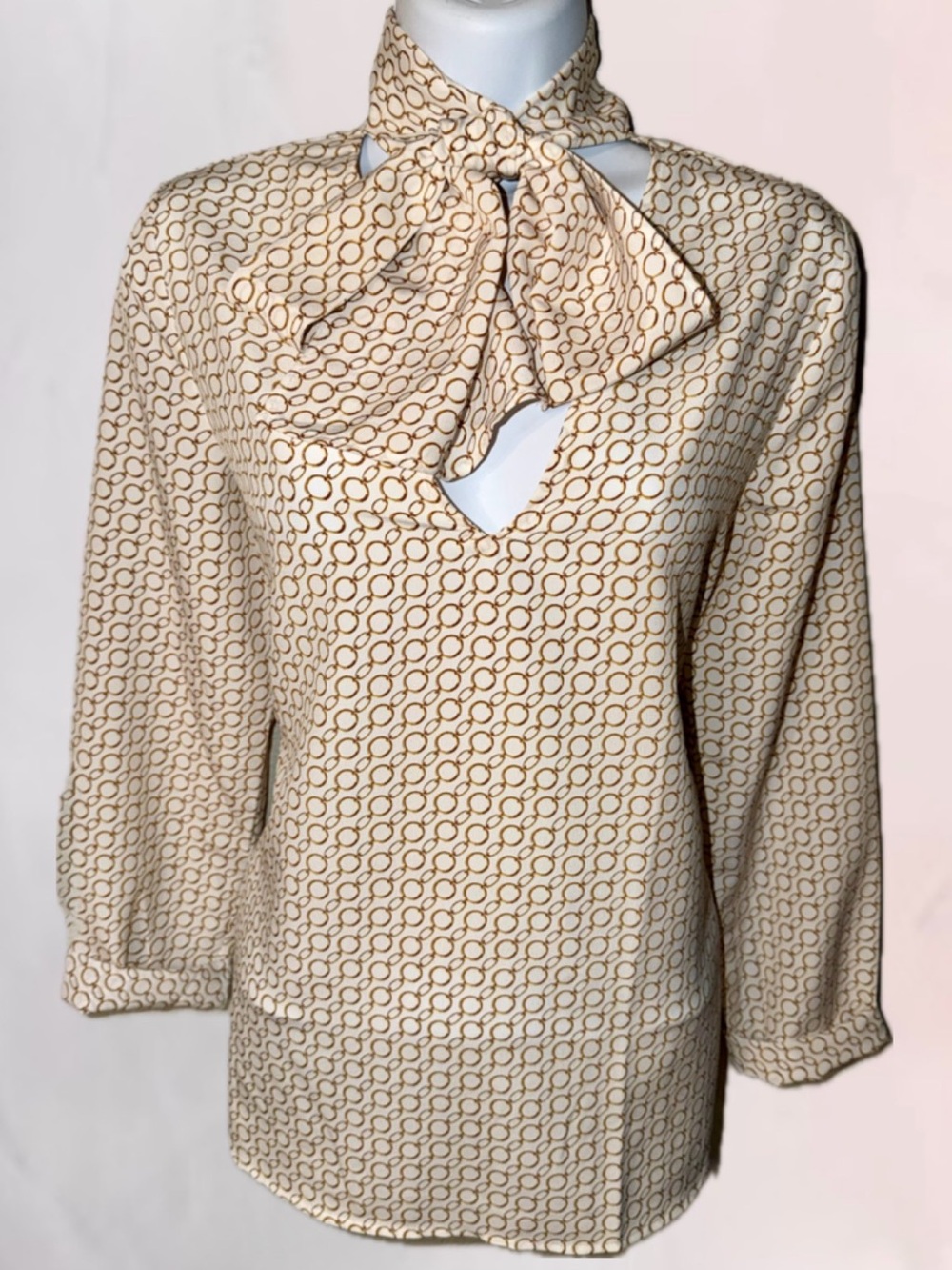 MNG by MANGO Bow Front Tie Chain Link Print Ling Sleeve  Blouse Top Women’s Sz 2
